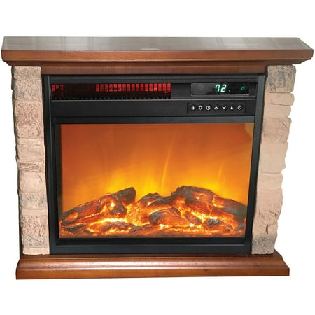 Lifesmart - 3-element Small Square Infrared Fireplace with Faux Stone Accent - Black