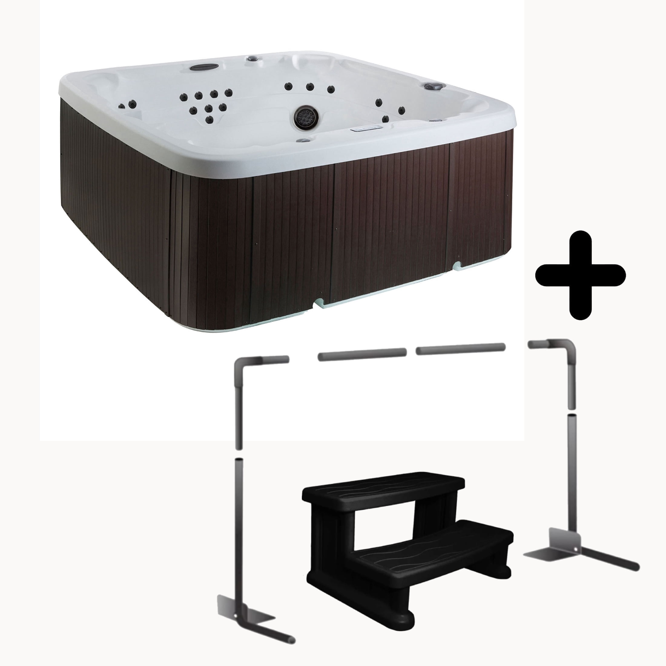 Lifesmart LS600DX Hot Tub Bundle - 7 Person, 65-Jet, 220v Spa, Arctic White/ Espresso Brown with a cover lifter and spa steps included!