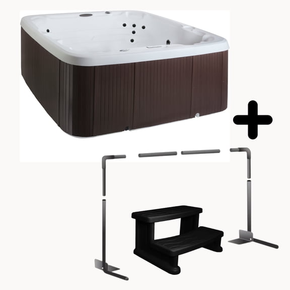 Lifesmart LS450DX Accessory Bundle - 7 Person 22-Jet Plug & Play Outdoor Spa, Arctic White/Espresso Brown with a cover lifter and spa steps included!