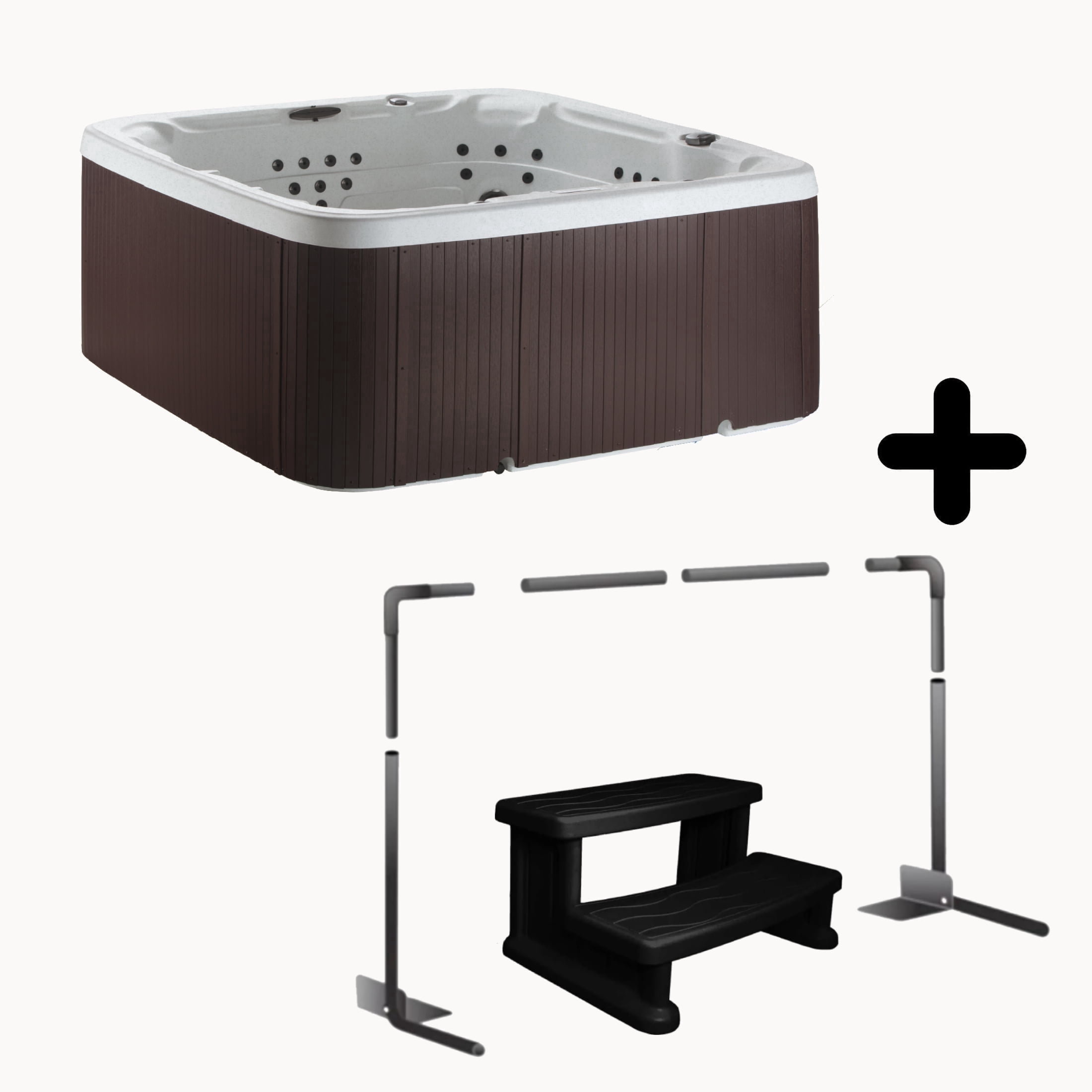 Lifesmart LS700DX Accessory Bundle - 7 Person, 90-Jet, 220-Volt, Sea Salt/ Espresso Brown with cover lifter and steps included!