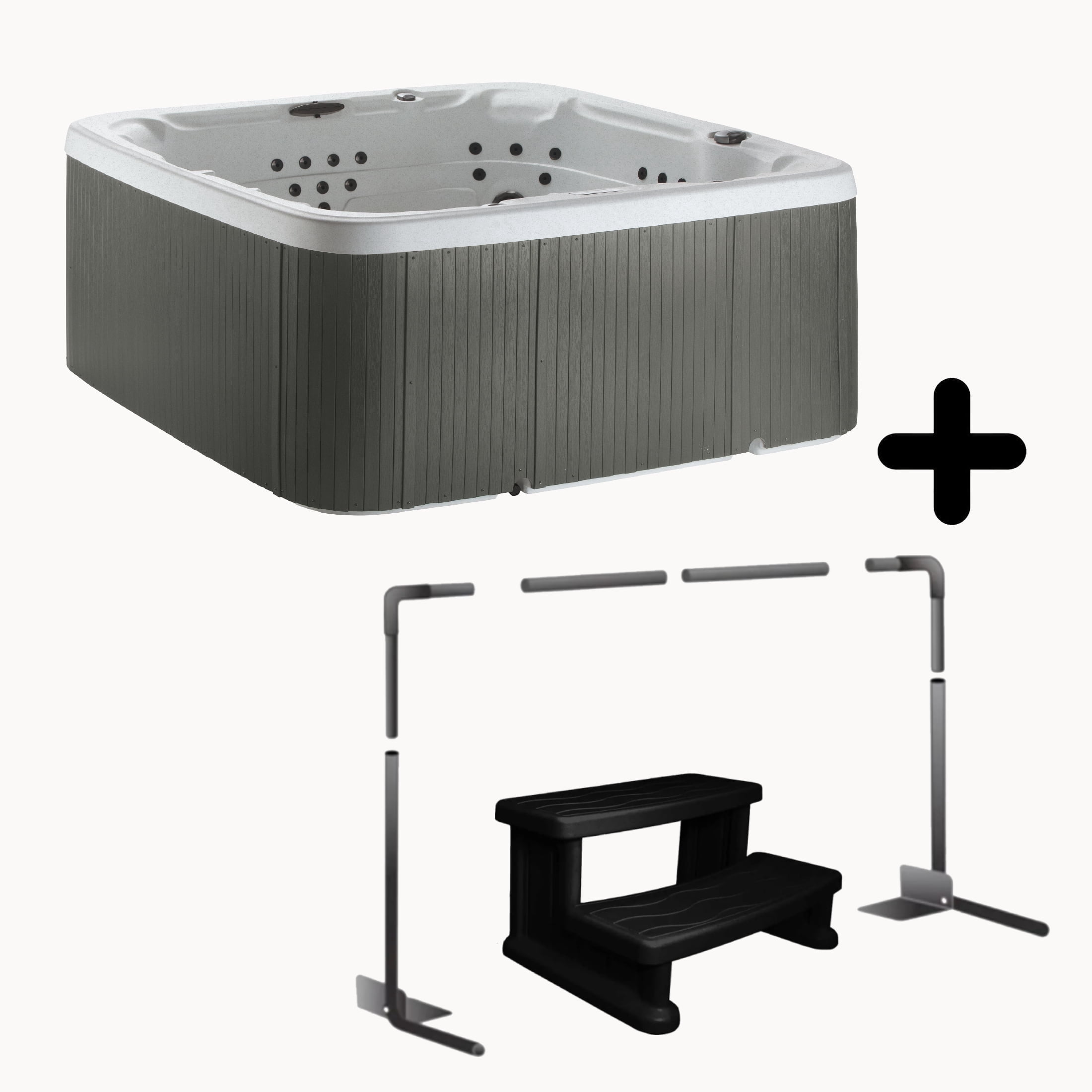 Lifesmart LS700DX Accessory Bundle - 7 Person, 90-Jet, 220-Volt, Sea Salt/ Coastal Gray with cover lifter and steps included!
