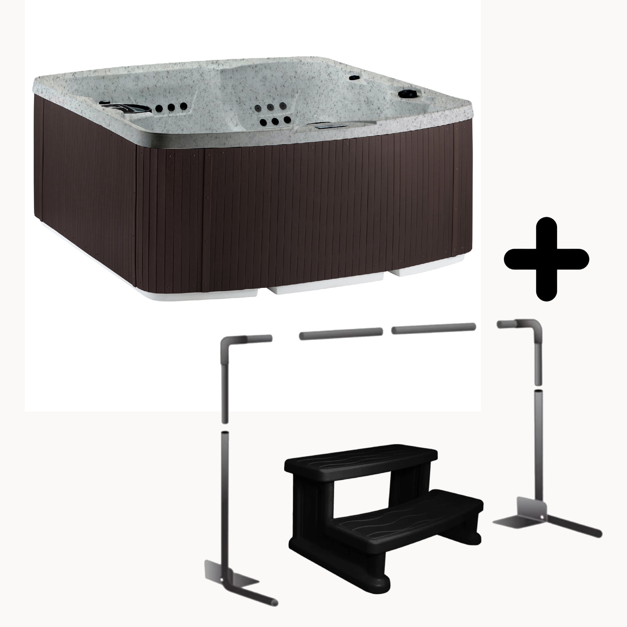 Lifesmart Leganza Accessory Bundle, 230V, Hot Tub Spa w/90 Jets, locking Tub Cover, Sea Salt/Espresso with a cover lifter and spa steps included!