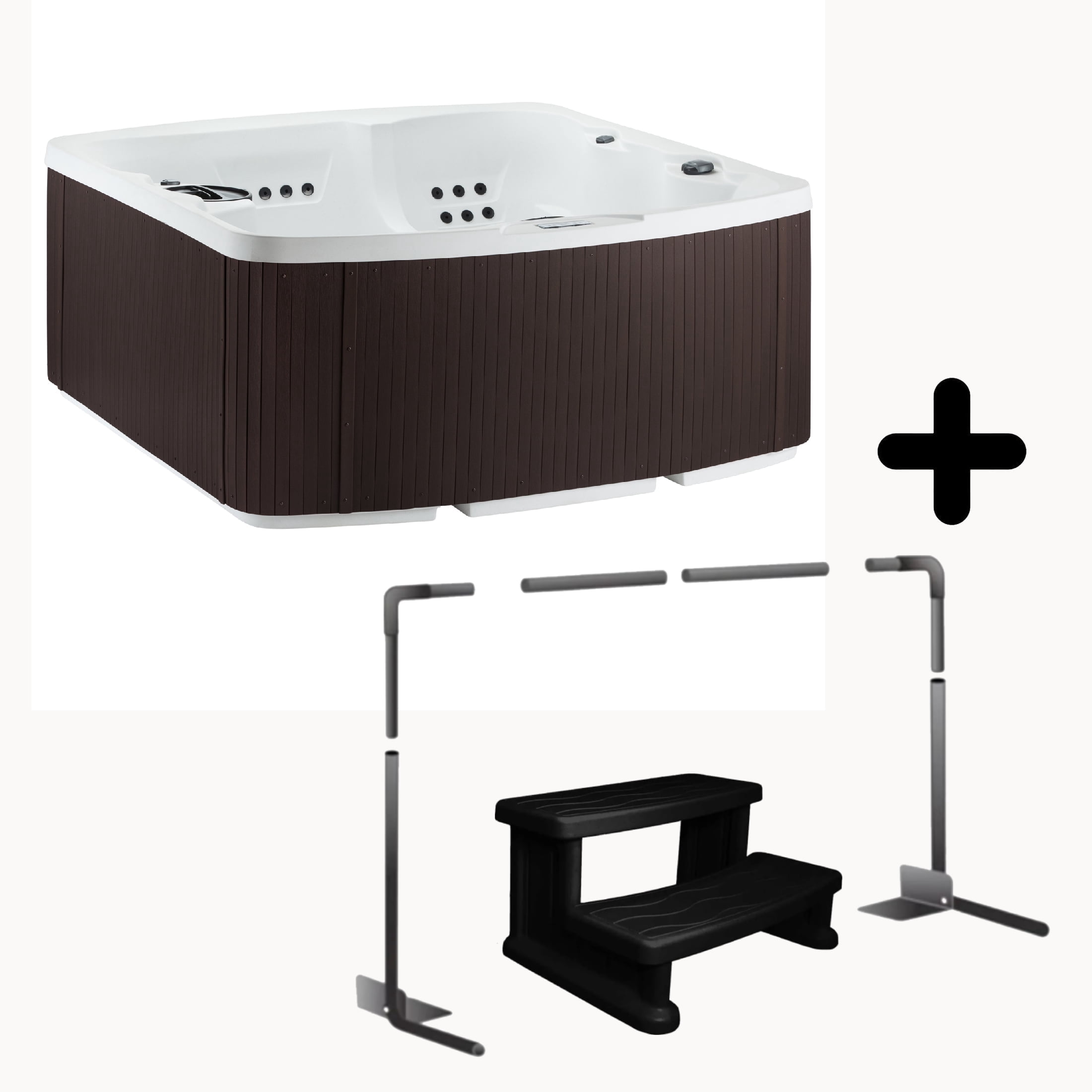 Lifesmart Leganza Accessory Bundle - 6-Person, 90- Jet, 230-Volt Spa in Arctic White/Espresso with a cover lifter and spa steps included!