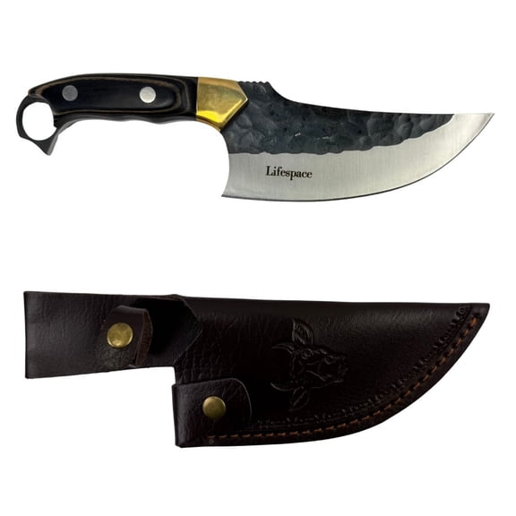Lifespace 6" Curved Cleaver with Finger Ring, Pakka Wood Handle and Embossed Sheath
