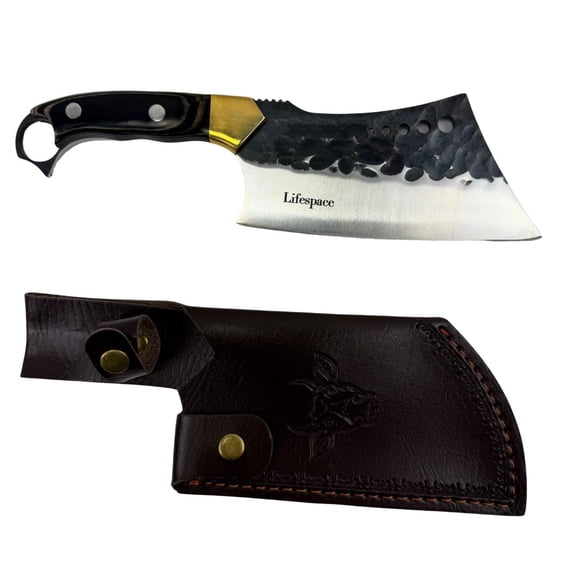 Lifespace 6" Straight Cleaver with Finger Ring, Pakka Wood Handle and Embossed Sheath