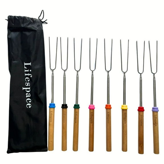 Lifespace Marshmallow Telescopic Roasting Forks (8Pce) with Wooden Handle