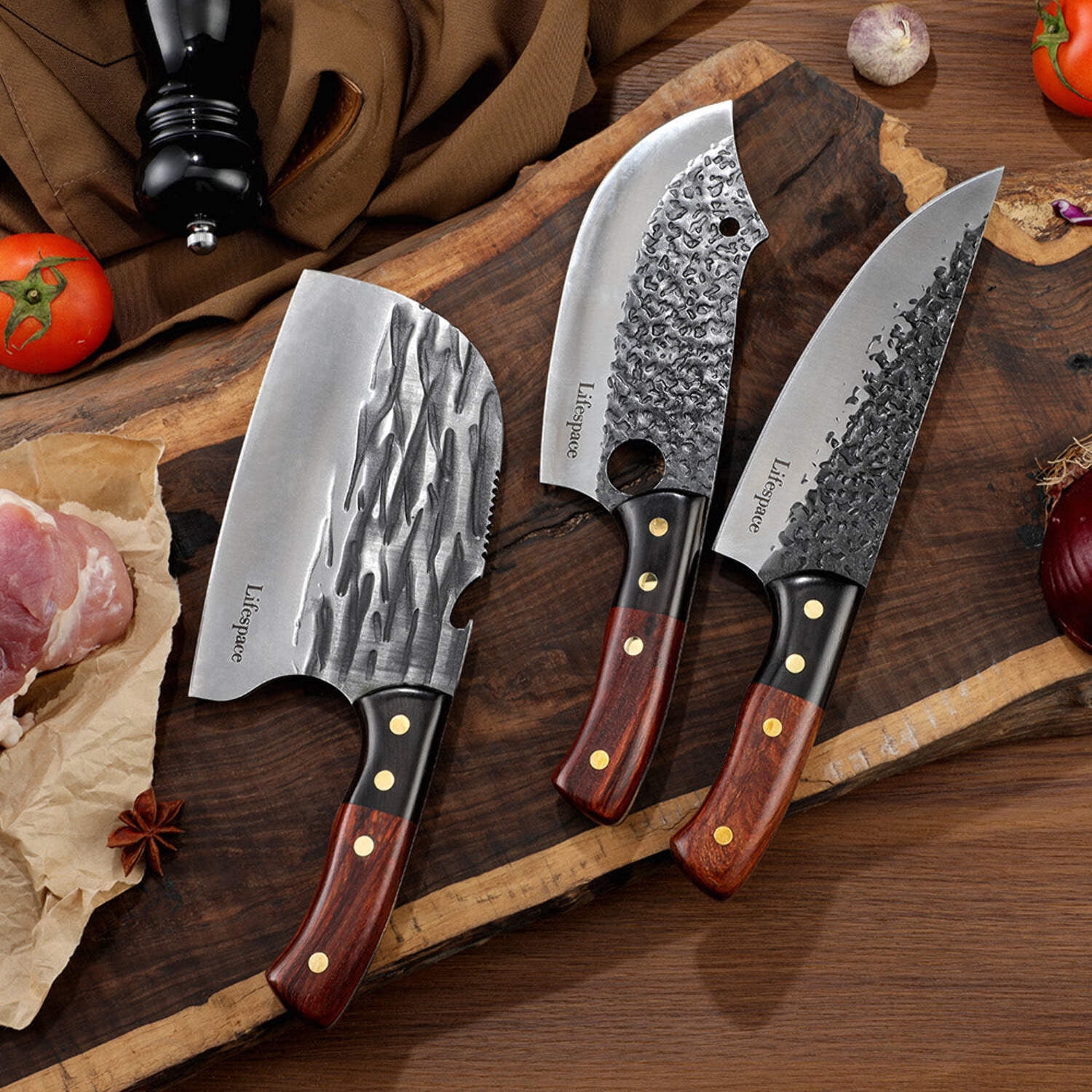 Lifespace Premium Chef Cleaver Knife Set (x3) with Genuine Leather ...