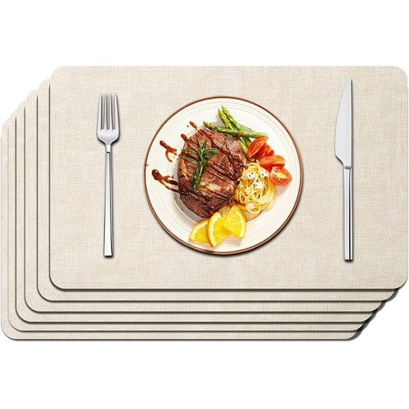 Lifestance Faux Leather Placemats Set of 6, Waterproof Heat Resistant Non Slip Dining Table Mats, 17x12 inch Rectangle Beige, Indoor Outdoor Use