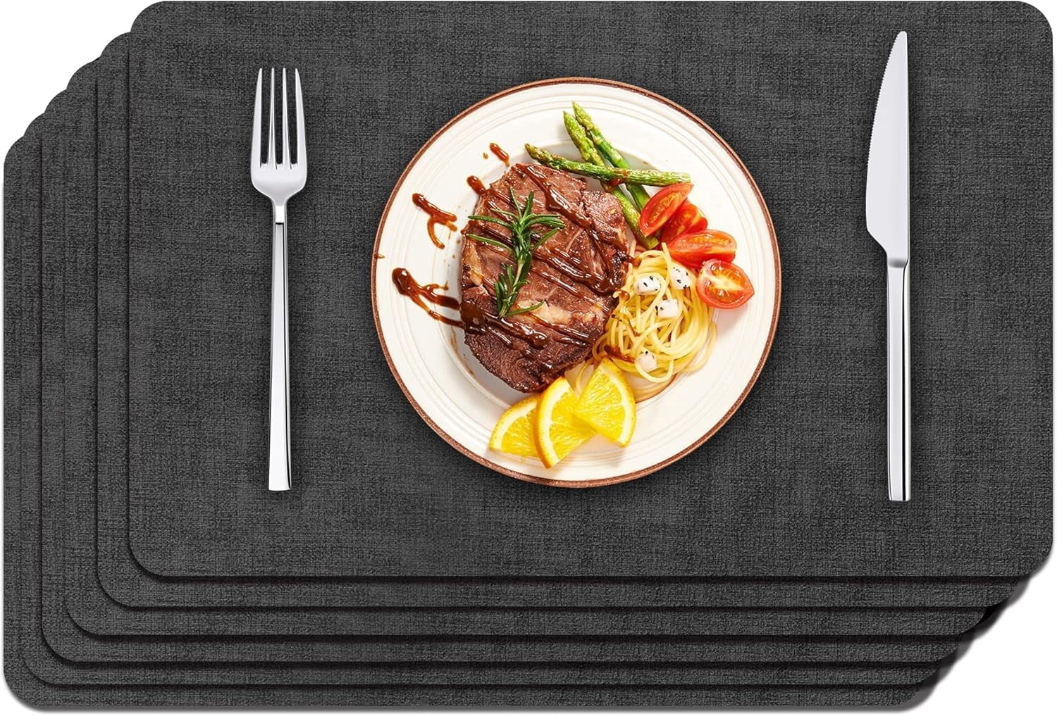 Lifestance Faux Leather Placemats Set of 6, Waterproof Heat Resistant Non Slip Dining Table Mats, 17x12 inch Rectangle Black, Indoor Outdoor Use