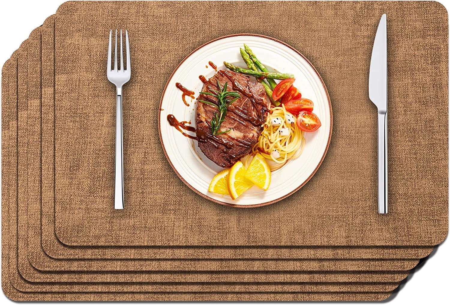 Lifestance Faux Leather Placemats Set of 6, Waterproof Heat Resistant Non Slip Dining Table Mats, 17x12 inch Rectangle Brown, Indoor Outdoor Use