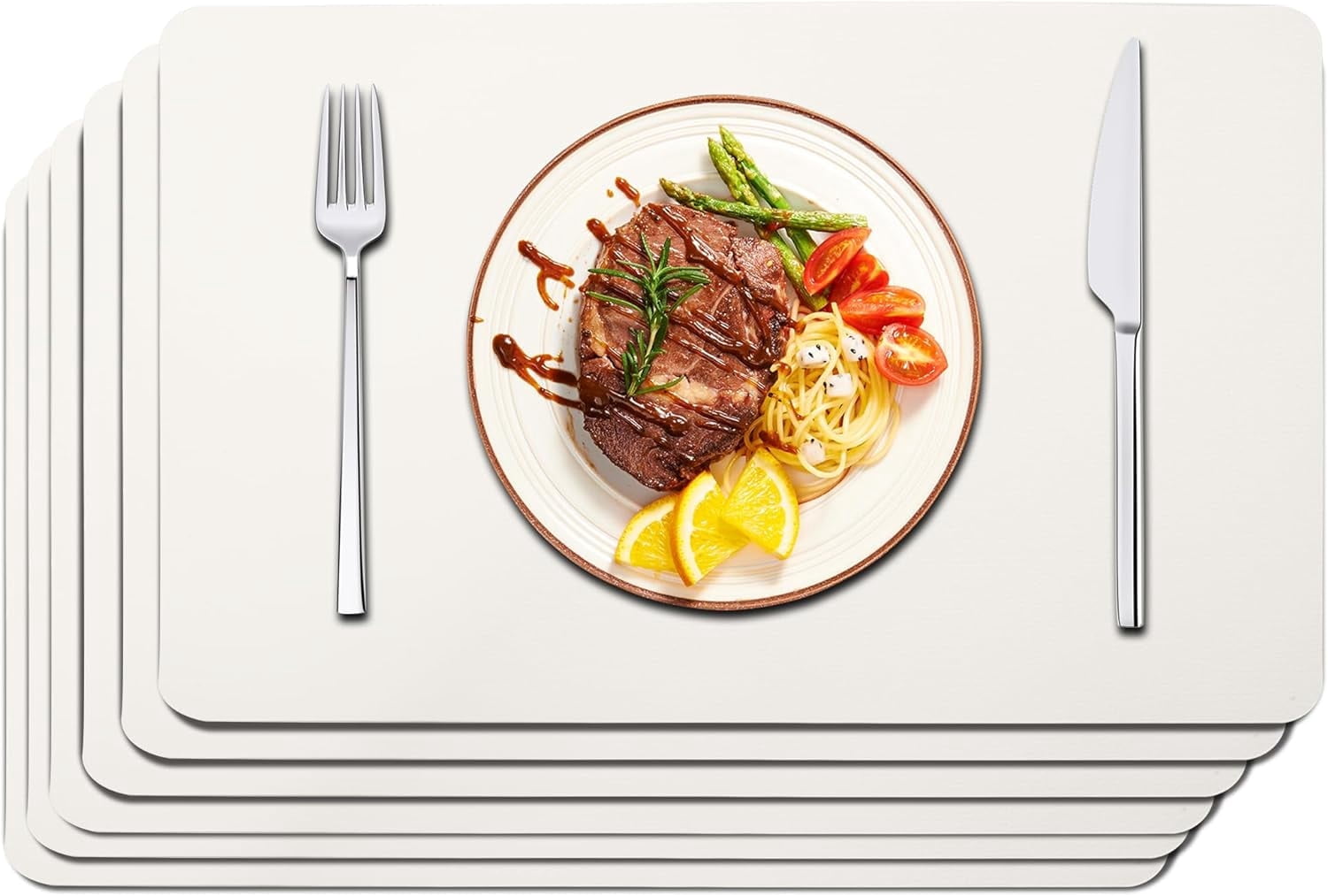 Lifestance Faux Leather Placemats Set of 6, Waterproof Heat Resistant Non Slip Dining Table Mats, 17x12 inch Rectangle Ivory White, Indoor Outdoor Use