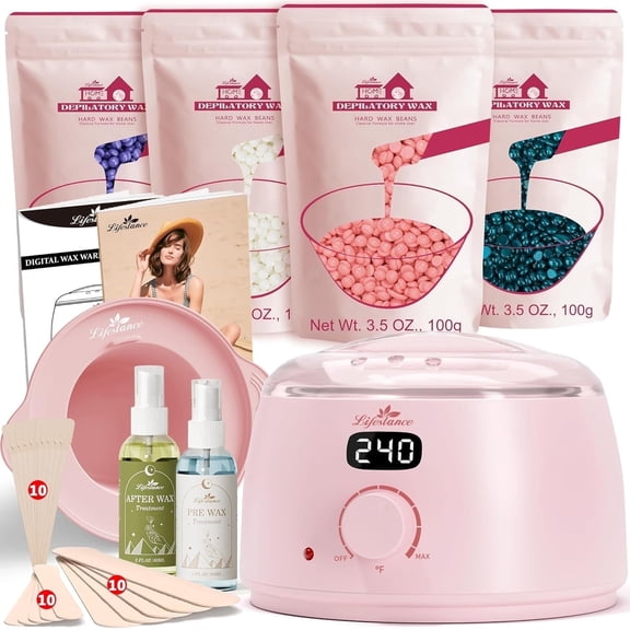 Lifestance Hair Removal Waxing Kit for Women & Men, Pink Digital Wax Warmer with Silicone Liner, 14.1oz Hard Wax Beads, Oil Spray, Full Body Use