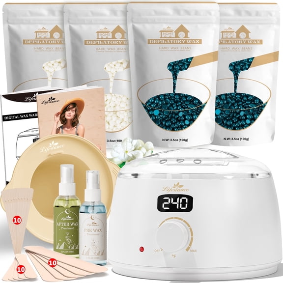 Lifestance Hair Removal Waxing Kit for Women & Men, at Home Use Digital Wax Warmer 4 Bags Brazilian Hard Wax Beads for Sensitive Skin,Full Body, Face
