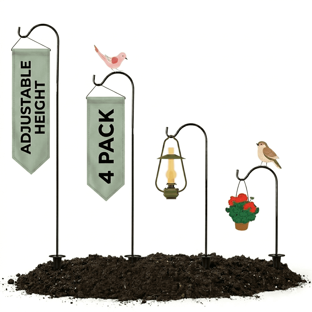 Natures Shepherds Hooks – 4 Adjustable Outdoor Poles for Bird Feeders, Lanterns & Plants