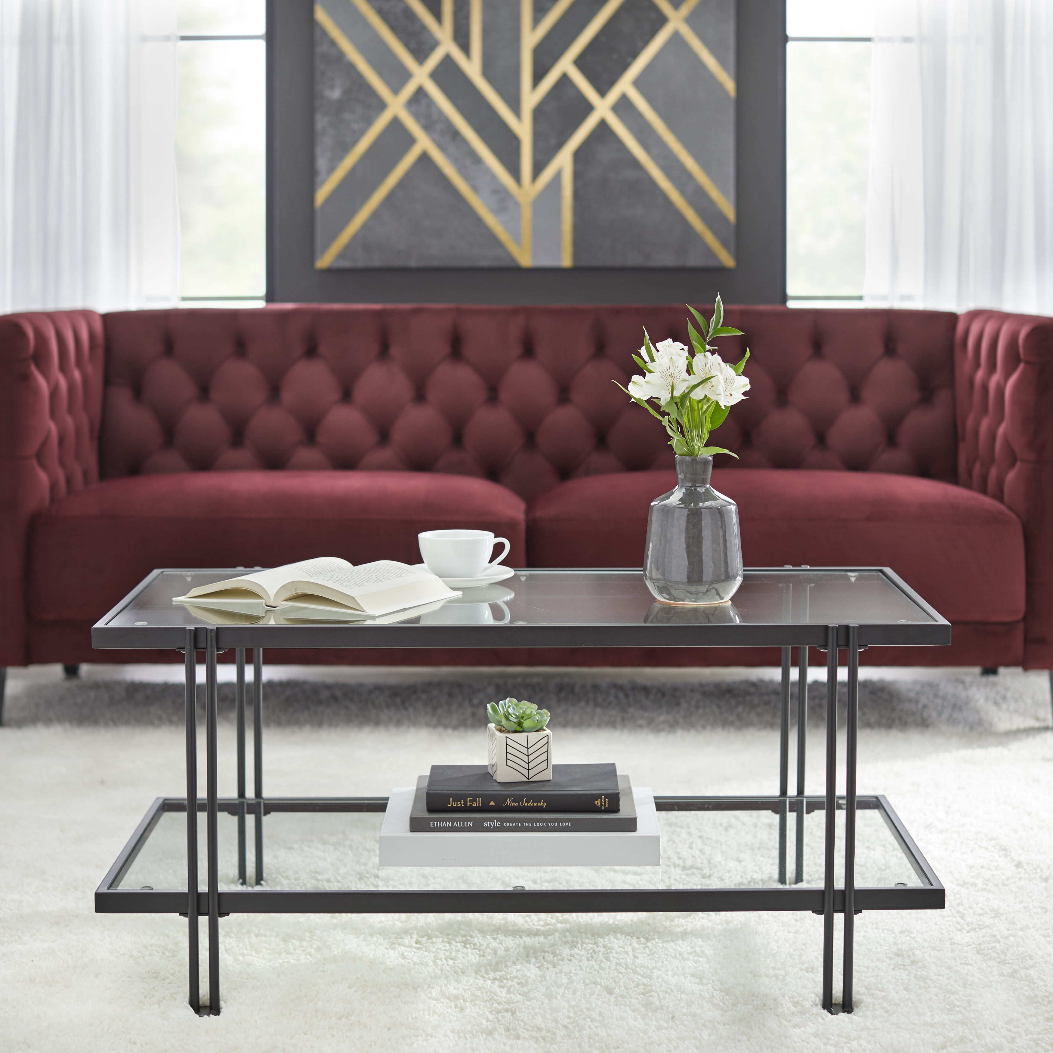 TMS Folio Rectangular Metal and Glass Coffee Table, Black