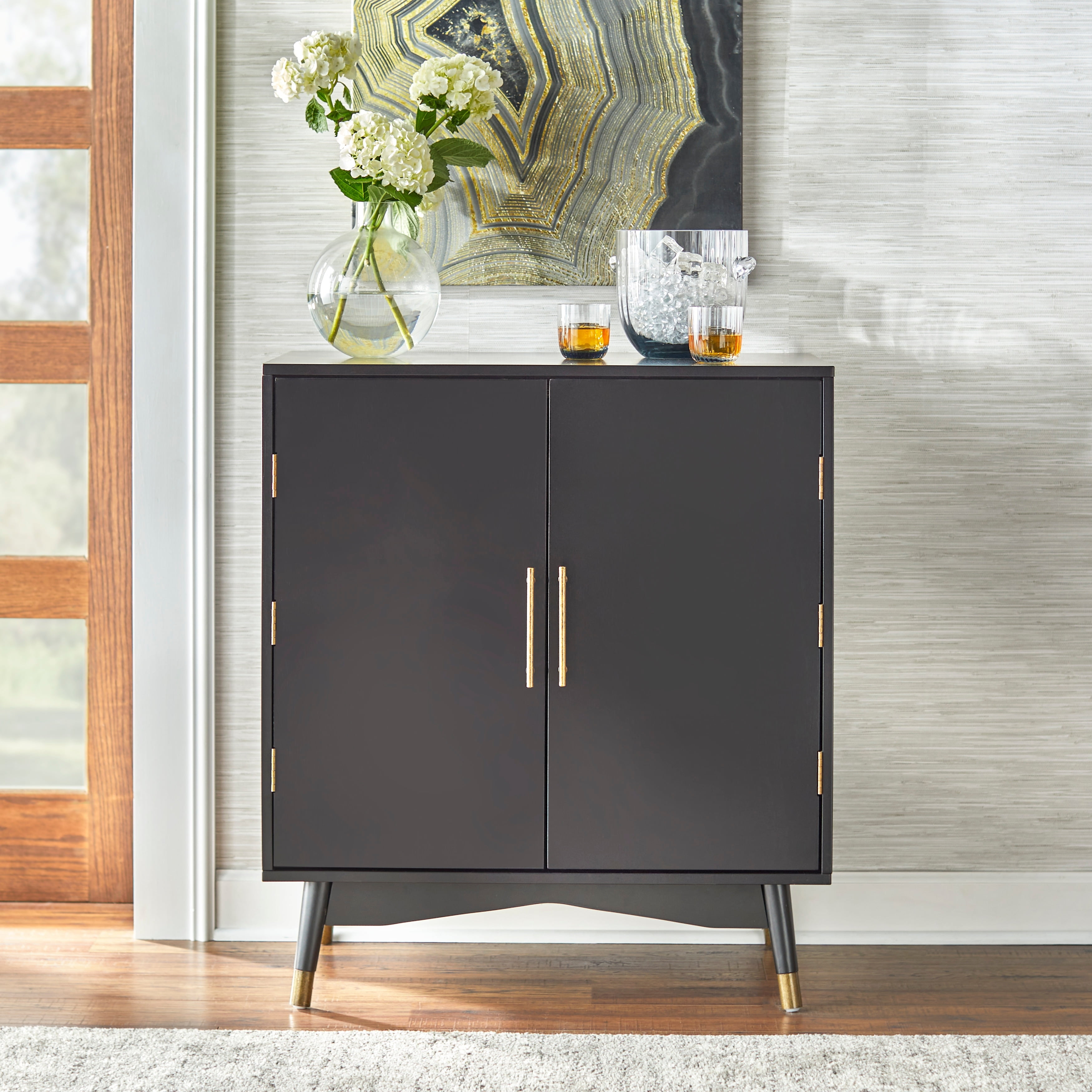 Killian Black Veneer Mid-Century Modern Bar Cabinet