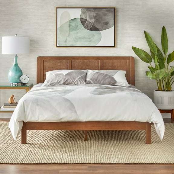 Lifestorey Mid-Century Modern Solid Pinewood Queen Platform Bed Walnut