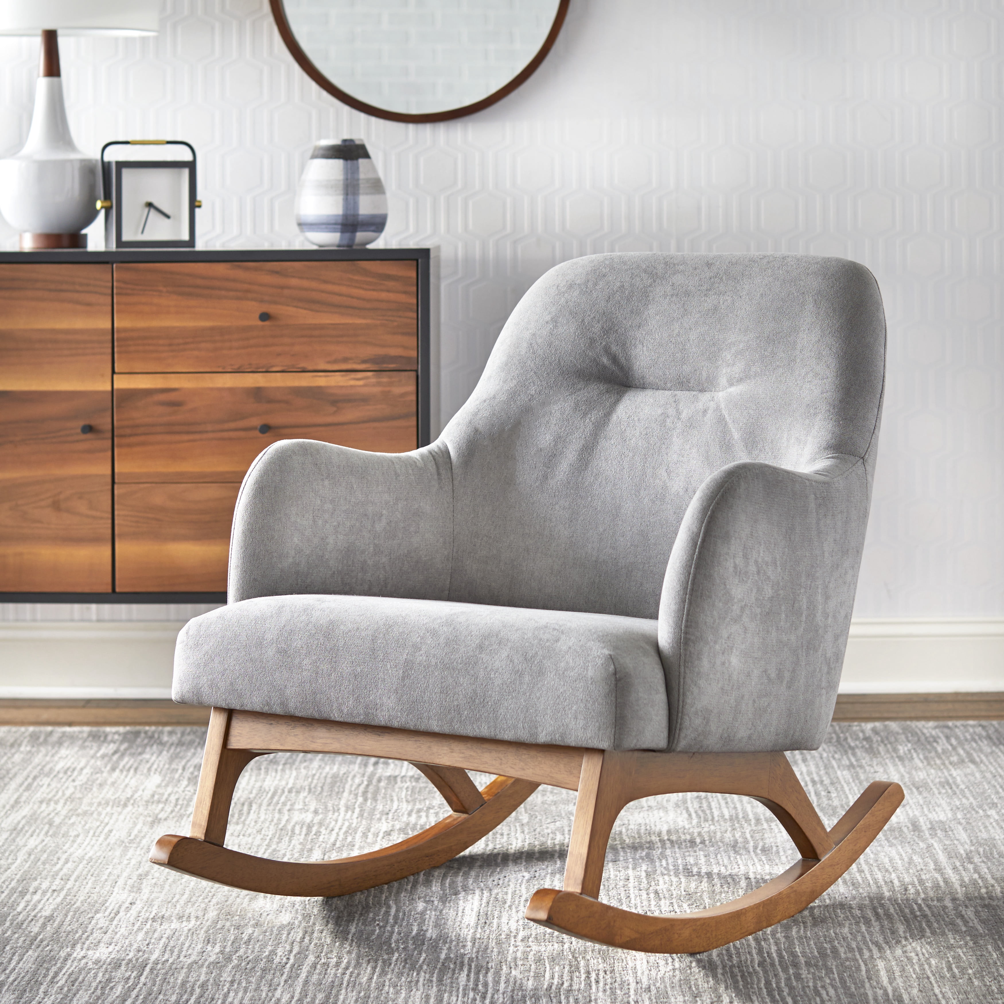 Lifestorey  Mick Mid-century Modern Rubberwood Rocking Chair Medium Grey