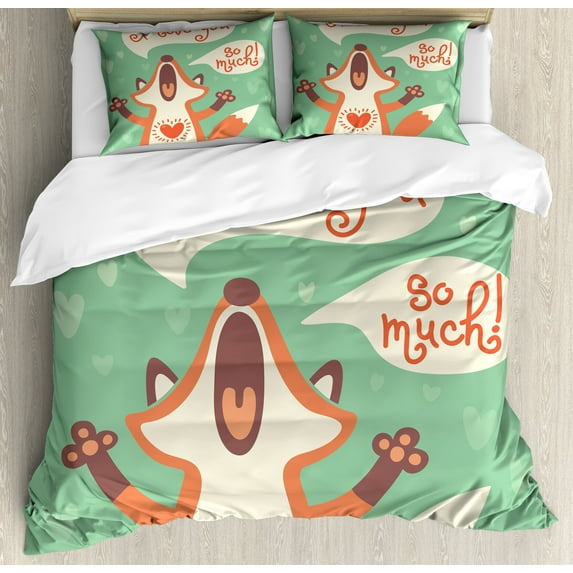 Lifestyle Duvet Cover Set, I Love You So Much Fox Humor Romance Birthday Celebration Graphic Print, Decorative 3 Piece Bedding Set with 2 Pillow Shams, Calking Size, Mint Green Ginger, by Ambesonne