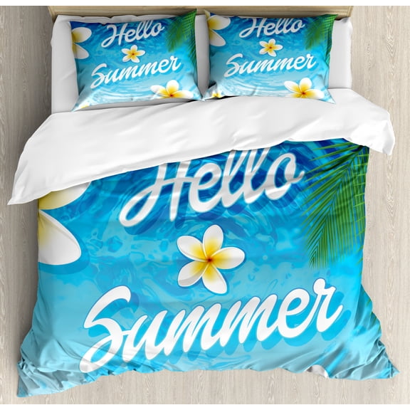 Lifestyle Duvet Cover Set King Size, Hello Summer Quote with Palm Tree Leaves Plumeria Flowers over the Ocean Illustration, Decorative 3 Piece Bedding Set with 2 Pillow Shams, Blue, by Ambesonne
