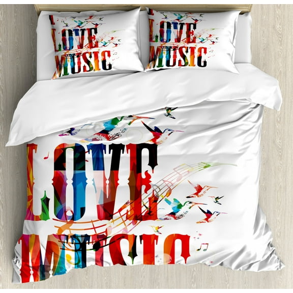Lifestyle Duvet Cover Set King Size, I Love Music Phrase in Grunge Effects and Birds Flying Soul Freedom Illustration, Decorative 3 Piece Bedding Set with 2 Pillow Shams, Multicolor, by Ambesonne