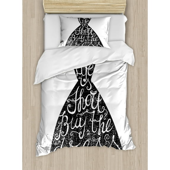 Lifestyle Duvet Cover Set, Life is Short Buy the Dress Words on Hanger Positive Illustration, Decorative 2 Piece Bedding Set with 1 Pillow Shams, Twin Size, Brown White, by Ambesonne