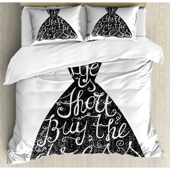 Lifestyle Duvet Cover Set, Life is Short Buy the Dress Words on Hanger Positive Illustration, Decorative 3 Piece Bedding Set with 2 Pillow Shams, King Size, Brown White, by Ambesonne