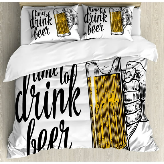 Lifestyle Duvet Cover Set, Time to Drink Beer Words with a Man Hand Holding the Mug Toast Illustration, Decorative 3 Piece Bedding Set with 2 Pillow Shams, King Size, Yellow Black, by Ambesonne