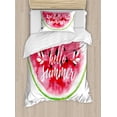 thumbnail image 1 of Lifestyle Duvet Cover Set, Watercolor Watermelon with Hello Summer Motivation Words Paint Print, Decorative 2 Piece Bedding Set with 1 Pillow Shams, Twin Size, Red and Green, by Ambesonne, 1 of 3