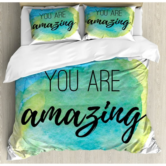 Lifestyle Duvet Cover Set, You are Inspirational Words on Watercolor Painbrush Design Print, Decorative 3 Piece Bedding Set with 2 Pillow Shams, Calking Size, Sky Blue Green, by Ambesonne