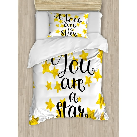 Lifestyle Duvet Cover Set, You are a Star Phrase Words Encouragement Words Design, Decorative 2 Piece Bedding Set with 1 Pillow Shams, Twin Size, Earth Yellow Black, by Ambesonne