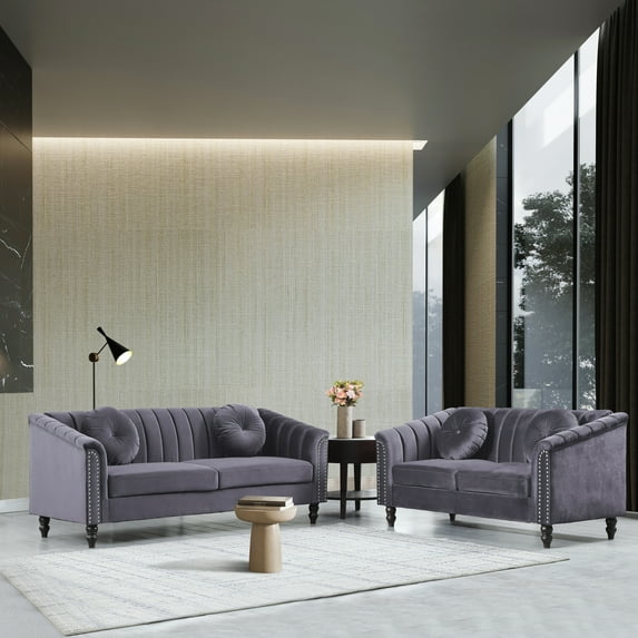 Lifestyle Furniture 2 Pieces Modular Sectional Sofa Set, Living Room Furniture Modern Style Button Microfiber Couch