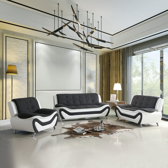Lifestyle Furniture 3 Piece Genuine Leather Living Room Set,Living Room Furniture Modern Style Couch with Black&White