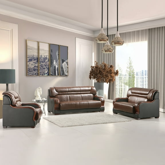 Lifestyle Furniture 3 Piece Genuine Leather Living Room Set,Living Room Furniture Modern Style Couch with Brown&Black