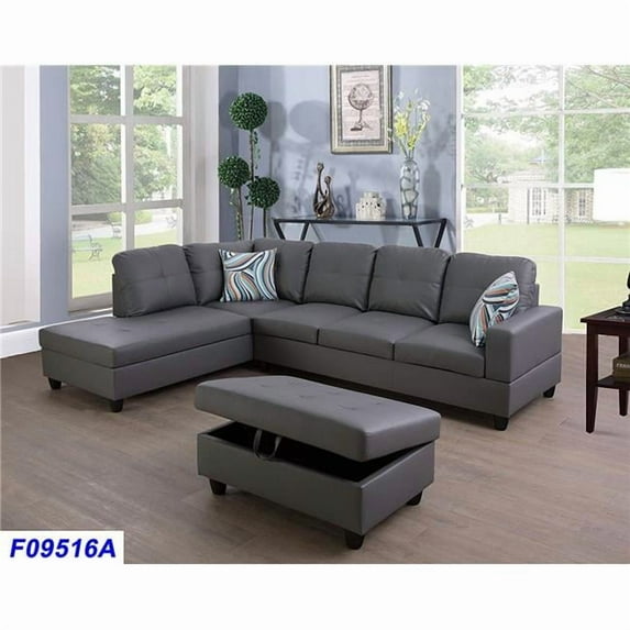 Lifestyle Furniture 3 Piece Left Facing Sectional Sofa Set with Ottoman, Faux Leather - Dark Grey