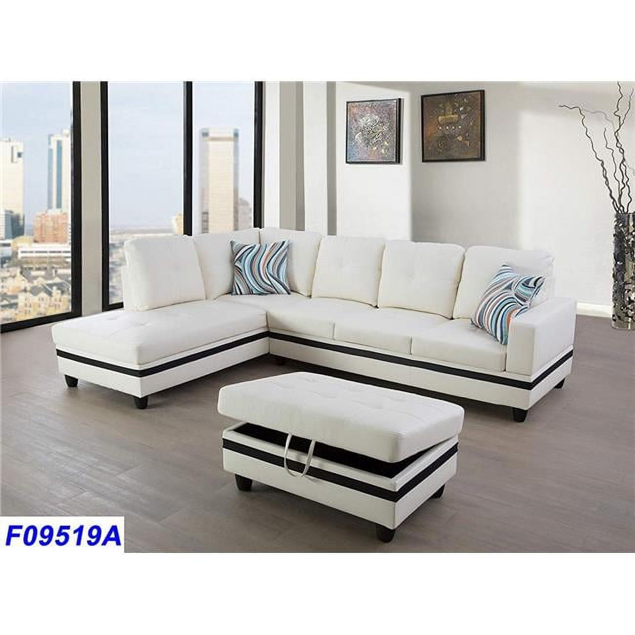 White and Black Faux Leather 3-Piece Sectional Sofa Set with Ottoman