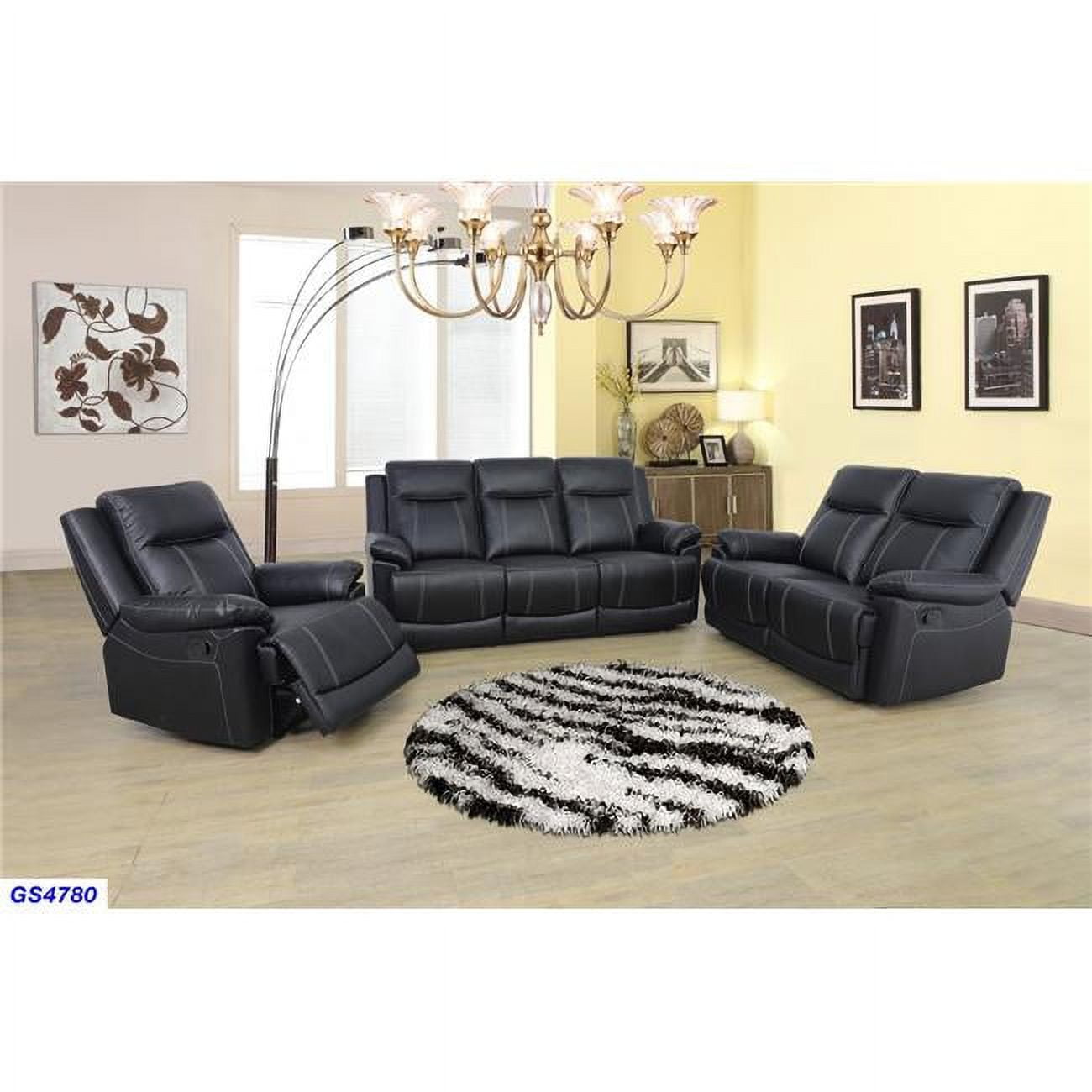 Lifestyle Furniture 3 Piece Traditional Bonded Leather Reclining Living Room Set Black