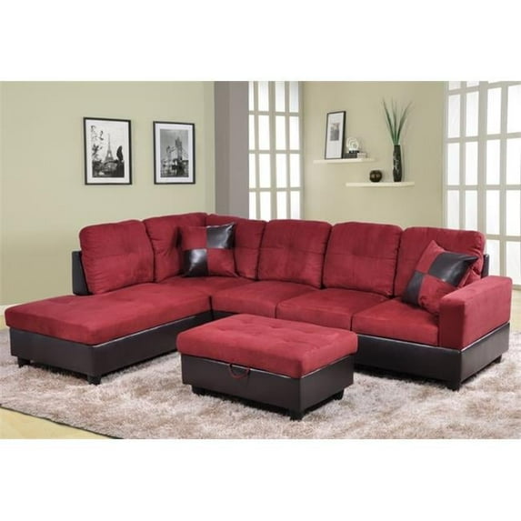 Lifestyle Furniture Avellino Left Hand Facing Microfiber Sectional Sofa with Storage Ottoman, Red