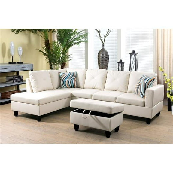Lifestyle Furniture LFF09002A 97 in. Wide Left Facing L-Shaped Sectional Sofa, Chaise & Ottoman Set - Ivory - 3 Piece