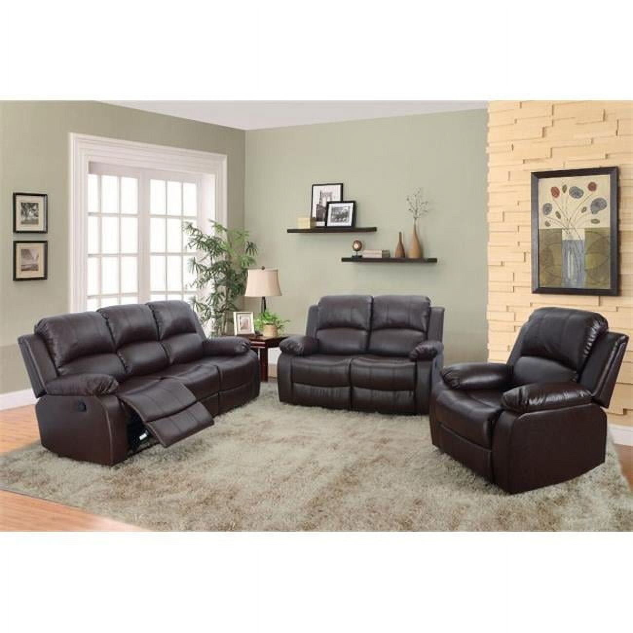 Lifestyle Furniture Odessa 3-Piece Faux Leather Reclining Sofa Set, Dark Brown