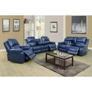 Lifestyle Furniture Sectional Recliner Sofa Set Bonded Leather 3 PCS Motion Sofa Loveseat Recliner Couch Manual Reclining Chair with Drop Down Table & Central Console for Living Room Blue