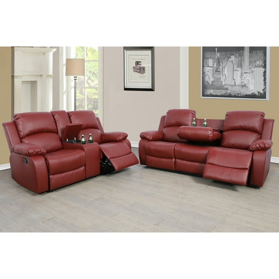 Lifestyle Furniture Sectional Recliner Sofa Set Faux Leather 2 PCS Motion Sofa Loveseat Recliner Couch Manual Reclining Chair with Drop Down Table & Central Console for Living Room (Red)