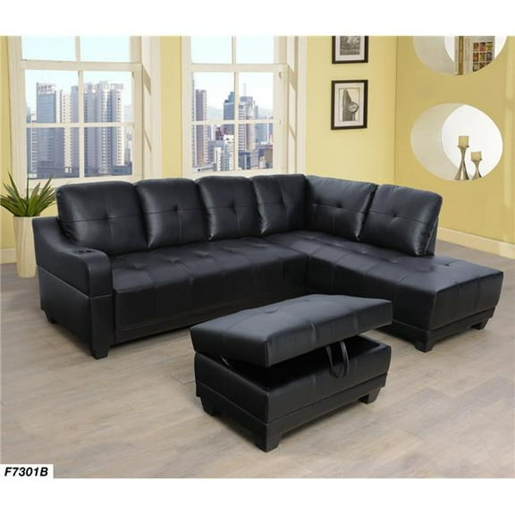 Lifestyle LS7301B Right Facing Sectional Sofa Set - Faux Leather, Black - 3 Piece