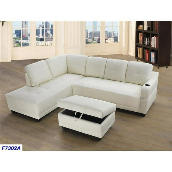 Lifestyle LS7302A Left Facing Sectional Sofa Set - Faux Leather, White - 3 Piece