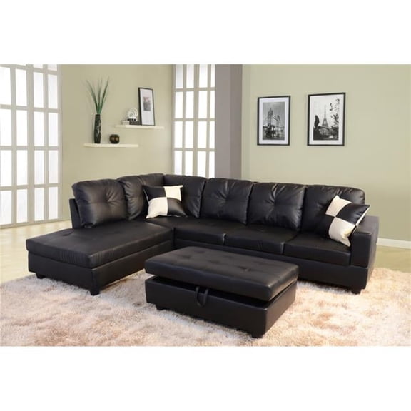 Lifestyle LS091A Left Facing Sectional Sofa Set - Faux Leather, Black - 3 Piece