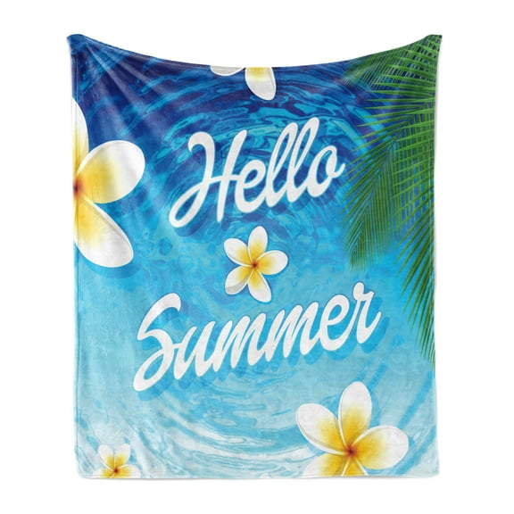 Lifestyle Soft Flannel Fleece Blanket, Hello Summer Words with Palm Tree Leaves Plumeria Flowers over the Ocean Illustration, Cozy Plush for Indoor and Outdoor Use, 50" x 60", Blue, by Ambesonne