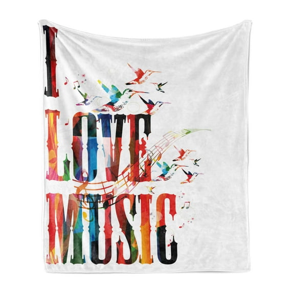 Lifestyle Soft Flannel Fleece Blanket, I Love Music Phrase in Grunge Effects and Birds Flying Soul Freedom Illustration, Cozy Plush for Indoor and Outdoor Use, 60" x 80", Multicolor, by Ambesonne