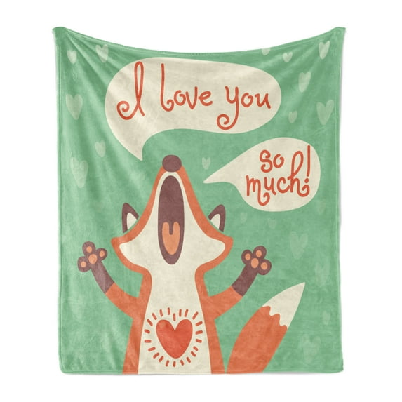 Lifestyle Soft Flannel Fleece Throw Blanket, I Love You So Much Fox Humor Romance Birthday Celebration Graphic Print, Cozy Plush for Indoor and Outdoor Use, 50" x 60", Mint Green Ginger, by Ambesonne