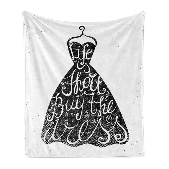 Lifestyle Soft Flannel Fleece Throw Blanket, Life is Short Buy the Dress Words on Hanger Positive Illustration, Cozy Plush for Indoor and Outdoor Use, 50" x 70", Brown White, by Ambesonne