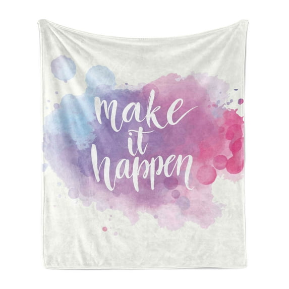 Lifestyle Soft Flannel Fleece Throw Blanket, Make It Happen Hand Written Positive Words in Paintbrush Artwork, Cozy Plush for Indoor and Outdoor Use, 50" x 60", Blue Fuchsia, by Ambesonne